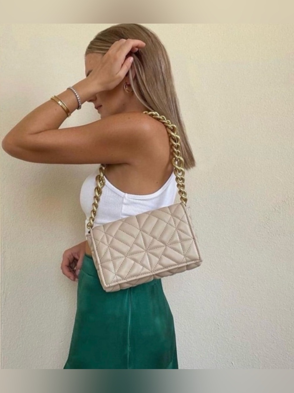 Zara Quilted Beige faux Leather Shoulder Bag with Gold Chain